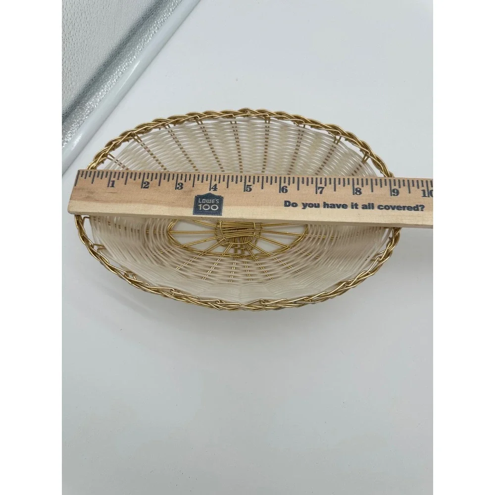 Vintage Oval Woven Wire Basket Hollywood Regency White Gold 9.5 inch